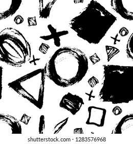 Seamless pattern. Vector abstract background. Black and white. Hand drawn geometric illustration with circles triangles squares and crosses. Sketch brush strokes.