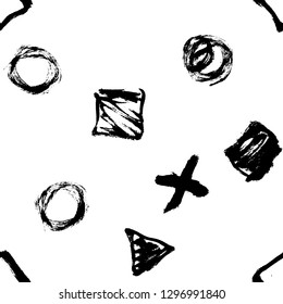 Seamless pattern. Vector abstract background. Black and white. Hand drawn geometric illustration with circles triangles squares and crosses. Sketch brush strokes.