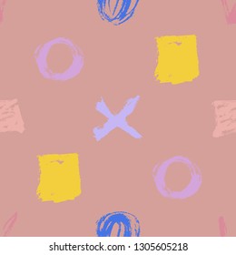 Seamless pattern. Vector abstract background. Hand drawn geometric illustration with circles triangles squares and crosses. Sketch brush strokes.