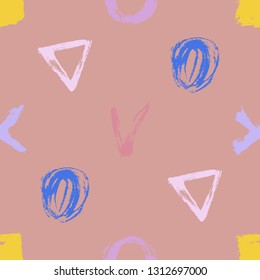 Seamless pattern. Vector abstract background. Hand drawn geometric illustration with circles triangles squares and crosses. Sketch brush strokes.