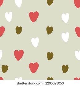 Seamless pattern. Vector abstract background. Small colorful hearts on beige background.