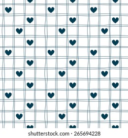 Seamless pattern. Vector abstract background. Cool cell structure: Dark blue lines and hearts on white background. Hand drawn. 