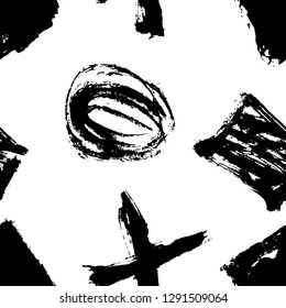 Seamless pattern. Vector abstract Black and white Hand drawn geometric illustration with circles triangles squares and crosses. Sketch brush strokes.