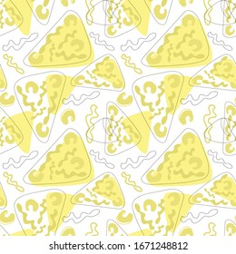 Seamless pattern. Vector abstract illustration of yellow triangulars irregular shapes on a white background.