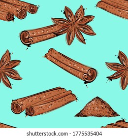 Seamless pattern. Vector abstract illustration of cinnamon. Spice. Hand drawing
