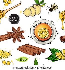 Seamless pattern. Vector abstract illustration with tea mug, ginger, cinnamon, honey and lemon. Ginger tea recipe. Be healthy! Hand drawing