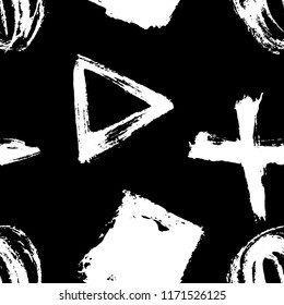 Seamless pattern. Vector abstract white shapes on black background. Hand drawn geometric illustration with circles triangles squares and crosses. Sketch brush strokes.
