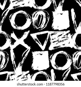 Seamless pattern. Vector abstract white shapes on black background. Hand drawn geometric illustration with circles triangles squares and crosses. Sketch brush strokes.