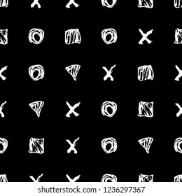 Seamless pattern. Vector abstract white shapes on black background. Hand drawn geometric illustration with circles triangles squares and crosses. Sketch brush strokes.