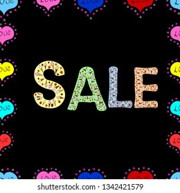 Seamless pattern. Vector Advertising Illustration on black, yellow and blue colors. Hand Drawn Text on Bright Colorful Background. Summer Sale Banner Design.