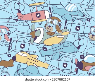 Seamless pattern vector of airplane cartoon with cute bear pilot