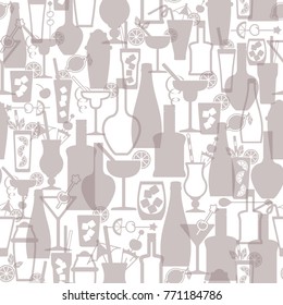 Seamless pattern with vector alcohol cocktail icons and bottles. Flat style. Suitable for wallpapers, wrapping or textile. Transparency. EPS10