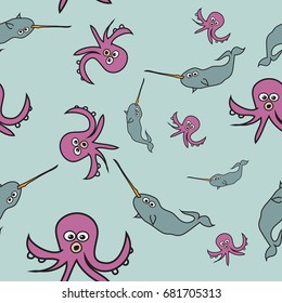 seamless pattern, vector arts, cute cartoon characters, ocean creatures octopus and narwhal. light blue color tone.