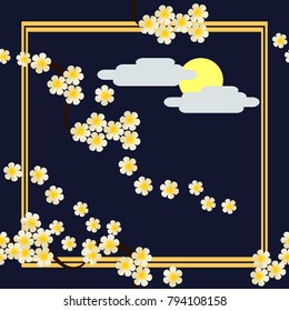 Seamless pattern vector in Asian style. Beautiful floral and full moon behind the cloud.