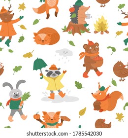 Seamless pattern with vector autumn characters. Cute woodland animals repeat background. Fall season texture.  Funny forest print with hedgehog, fox, bird, deer, rabbit, bear, squirrel. 
