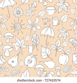 Seamless pattern of vector autumn elements. Doodle background of picnic in nature, sport with kid, rest in park, harvest, fruit, drink tea. Sketch nature collection. Hand drawn organic food  eps.10  