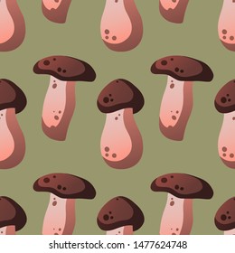 Seamless pattern of vector autumn mushrooms isolated on green background