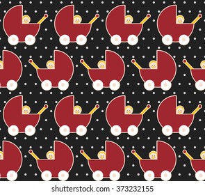 Seamless pattern. Vector pattern of  baby in a stroller.Vector flat illustration. For cards, invitations, backgrounds, wedding or baby shower albums, arts and scrapbooks. 