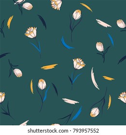 Seamless pattern vector background with colorful tulips. Hand drawn illustration with hand painting brush vector in stylish green.