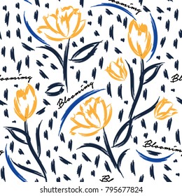 Seamless pattern vector background with colorful tulips. Hand Brush  illustration with hand painting brush vector in stylish on white.