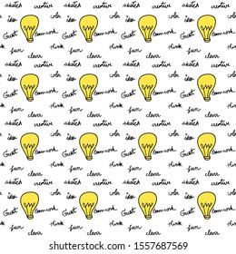 Seamless pattern vector background: doodle style, there are many word and yellow bulb for creative or idea concept for your design