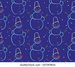 Seamless pattern, vector background. Funny Christmas snowmen at night