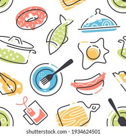 Seamless pattern, vector background with gastronomy icons, vector cuisine and fast food.