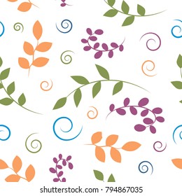 Seamless pattern vector background with leaves and spirals.