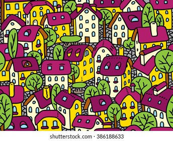 Seamless pattern or vector background of the old european city with small funny houses in a courtyard and trees 