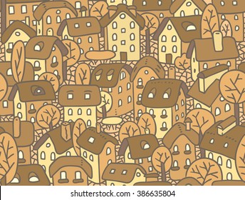 Seamless pattern or vector background of the old european city with small funny houses in a courtyard and trees. Cityscape