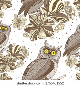 Seamless pattern, vector background
with owls on a branch and flowers. Element for your design of fabric; textile; scrapbooking paper.