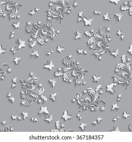 Seamless Pattern Vector Background with paper flowers and butterflies.