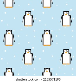 Seamless pattern, vector background of penquins cute character on light blue background