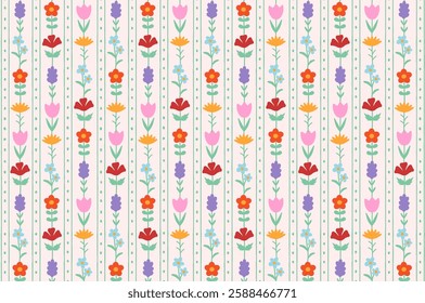 Seamless pattern. Vector background for printing on paper, gift wrapping, desktop wallpapers and other surfaces. Cute print with flowers and stripes for wallpaper.