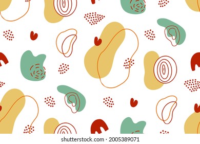 Seamless pattern vector background with various organic shapes and abstract design elements. Random hand drawn shapes and doodle memphis objects on white backdrop. Modern creative texture design