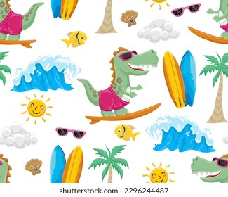 Seamless pattern vector of beach summer holiday elements with dinosaur surfboarding