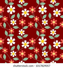Seamless pattern vector of beautiful flower. Lovely and sweet flower and green leaves on vivid red retro tone background.