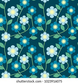 Seamless pattern vector of beautiful flower. Lovely and sweet flower and green leaves on vivid blue retro tone background.