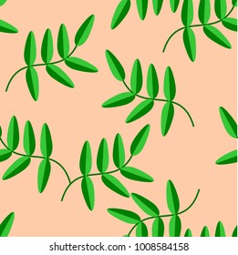 Seamless pattern vector of beautiful green leaves on light orange background.