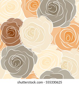 Seamless pattern with vector beige, brown and orange rose flowers.