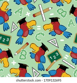 Seamless pattern vector of bird wearing graduated hat with school supplies cartoon, school elements illustration