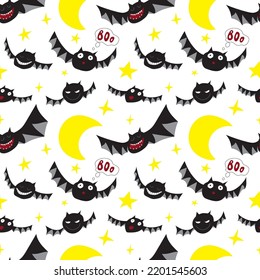 Seamless pattern. Vector. Black bats, stars, moon on a white background. Happy Halloween. For packaging, fabric, for the decor of autumn holidays.