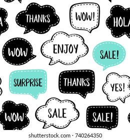 Seamless pattern of vector black and mint speech bubbles with dashed line and short popular words for customer: wow, sale, thanks, surprise etc. Vector illustration for shopping, sales