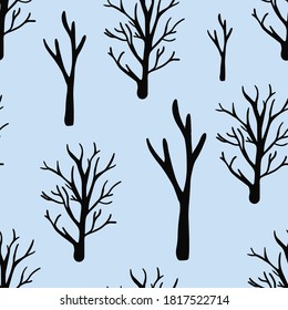 Seamless pattern vector black silhouette of tree and branches bare on blue background. Pattern for wrapping paper, backgrounds, textile and fabric. Flat vector illustration.