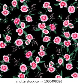 Seamless pattern vector blooming dianthus flower in the garden for forshion fabric and all prints on black background