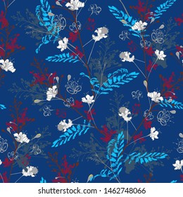  Seamless pattern in vector of blooming peacock florals in vector design for fashion,fabric ,web,wallaper ,wrapping and all prints on dark blue background color