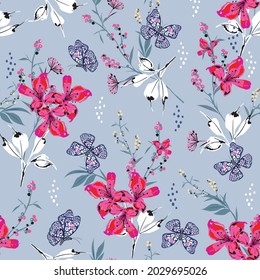 Seamless pattern vector blooming shocking Pink floral botanical in many kind of plants design for fashion, fabric, wallpaper, and all prints on light retro blue background color