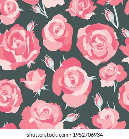 Seamless pattern with vector blooms on dark grey background for textile, scrapbook, home decor, fabric. Pink rose