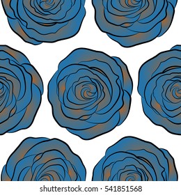 Seamless pattern with vector blue and brown rose flowers on a white background.