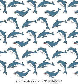 seamless pattern vector blue dolphin in cartoon style. suitable for children's wallpaper, toddlers bedcover, can be printed on fabric for kids clothing